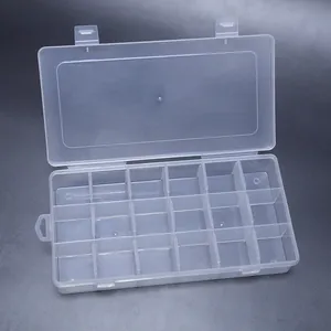 Vue détaillée d'une boîte de rangement transparente à 18 compartiments pour bijoux.