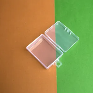 Nahaufnahme einer kleinen transparenten PP-Kunststoffbox mit offenem Deckel und Öse