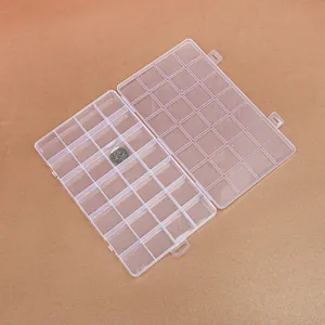 Clear 28-compartment plastic organizer box with individual dividers for small beads.