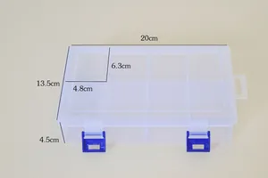 Detailed dimension view of 8-compartment transparent plastic hardware storage box