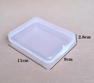 Detailed view of the 11x9x2.8cm transparent plastic storage box for makeup puffs.