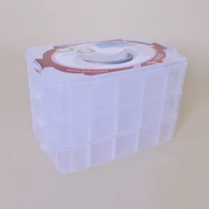 Large 3-layer 30-grid transparent plastic storage box with blue handle for toy organizing