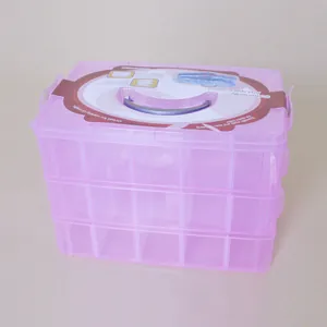 Three-layer 30-grid purple transparent plastic storage box with portable handle for toys