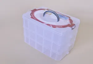 Detailed view showing the 3-layer 30-grid portable transparent plastic storage box.