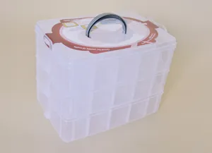 Large 3-layer 30-grid transparent plastic storage box with portable handle for crafts
