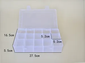 Transparent 15-grid PP storage box showing dimensions 27.5x16.5x5.5cm