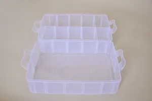 Detail view of transparent three-layer storage box with adjustable dividers and handles.