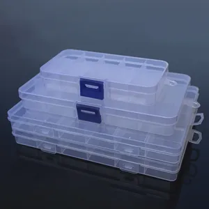 Cajas de almacenamiento de PP transparente apilables con cierres azules y claros.
