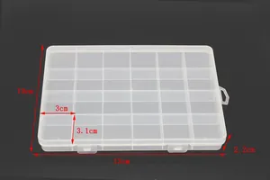 Detailed dimensions of a 24-grid transparent plastic storage box for jewelry and beads