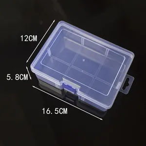 Vista detallada de caja de almacenamiento de plástico transparente con 6 compartimentos