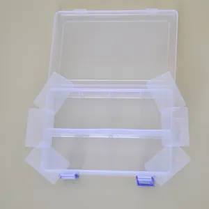 Large 8-compartment transparent plastic storage box with removable dividers and blue latches