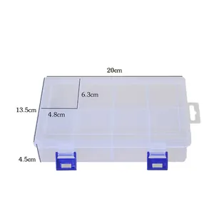 Transparent 8-grid plastic storage box with double buckles and annotated dimensions