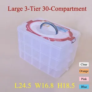 Caja de Almacenamiento de Plástico con Compartimentos Ajustables de Varias Capas Portátil Organizador Transparente con Asa