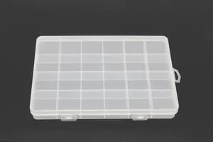 Detailed view of 24-compartment fixed transparent plastic organizer box for beads
