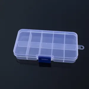 Caja de almacenamiento de PP transparente de 10 compartimentos con cierre azul para joyas