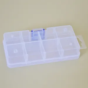 Caja de almacenamiento de plástico transparente rectangular de 8 rejillas con cierre azul