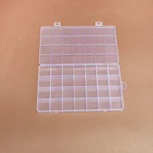 Top view of a durable 28-grid transparent plastic storage box featuring an open lid design