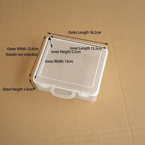 Detail view of small transparent plastic storage box with precise dimension markings