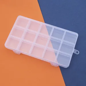 Detail view of 15-grid transparent plastic storage box with secure double latches