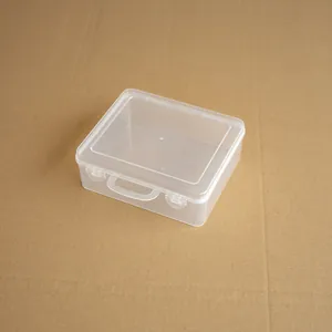 Small transparent PP plastic storage box detail featuring integrated handle and dual locking clips
