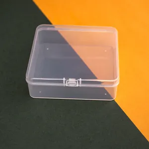Close-up of 11.5cm square clear plastic storage box for hardware and accessories