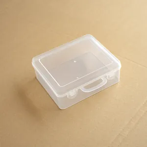 Detailed view of small transparent plastic storage box with handle and secure latches