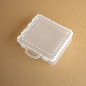 Detail view of small transparent plastic storage box with handle and secure lid