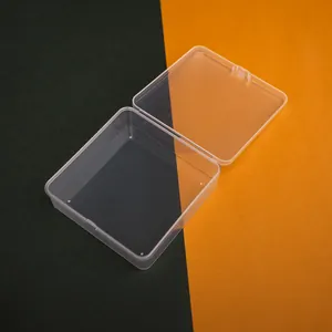 Detail of a 11.5cm square transparent plastic storage box on a dual-tone background.