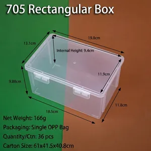Caja de almacenamiento rectangular de plástico transparente con dimensiones detalladas