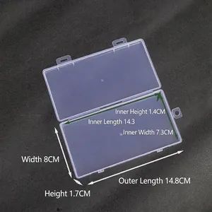 Vue détaillée montrant les dimensions d'une boîte de rangement en plastique PP transparent.