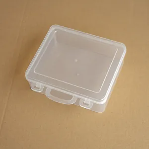 Detail view of a small transparent plastic storage box with handle and latches.