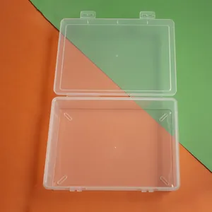 Nahaufnahme einer klaren rechteckigen Kunststoffbox mit geöffnetem Deckel für Details