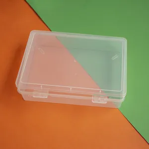 Nahaufnahme einer kleinen transparenten rechteckigen Kunststoff-Aufbewahrungsbox mit Deckel