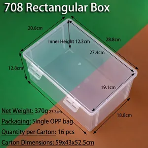 Vista detallada de caja de plástico transparente grande con altura interna y dimensiones