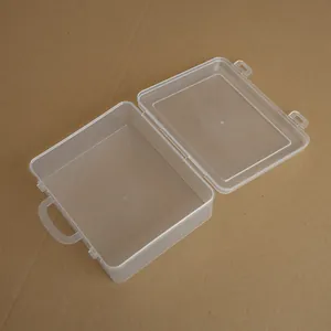 Top view showing the open small transparent plastic storage case with lid and carry handle.