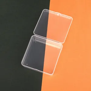 Close-up of 11.5cm transparent square plastic storage box with a hinged lid design