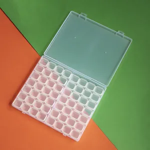 Detailed view of a 56-grid transparent plastic organizer box for jewelry and beads.