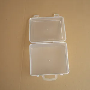 Top view detail of an open clear plastic storage box featuring a small portable handle