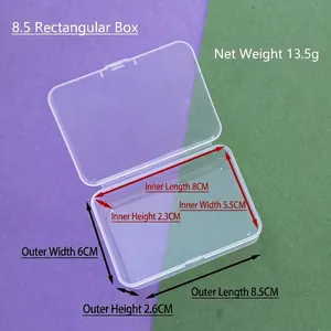 Transparante rechthoekige plastic opbergdoos met afmetingen en gewicht