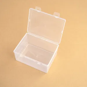 Vista detallada de una caja de almacenamiento rectangular de plástico transparente con cierres