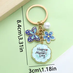 Muttertag Schlüsselanhänger mit blauem Schmetterling, Blume, Perle, 8,4cm Länge
