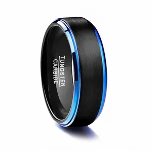 Men Tungsten Steel Ring Matte Brushed Surface Black And Blue Stepped Edge Band Ring Fashion Individual Jewelry Accessory Gift