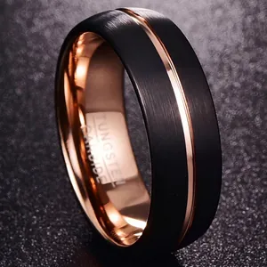 Detailed view of 8mm black matte tungsten steel ring with rose gold center groove