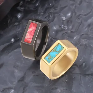 Primer plano de anillos de tungsteno para hombre con incrustaciones de turquesa y coral
