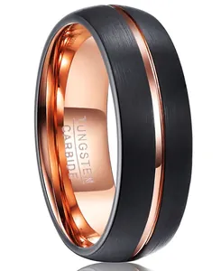 Close-up detail of 8mm black matte tungsten carbide ring with rose gold groove