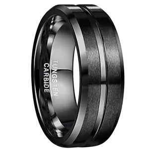 Anello in Acciaio al Tungsteno da Uomo Largo 8mm Finitura Opaca Galvanizzato Nero Design a Scanalatura Fede per Uomo