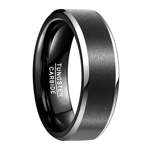 8mm black tungsten carbide ring for men with silver beveled edges, classic band style