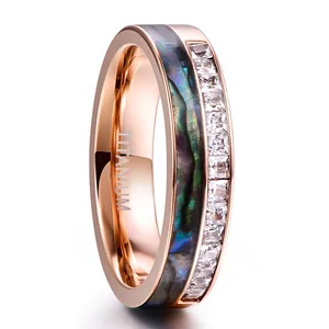 Bague en Acier au Tungstène Plaqué Or Rose 6mm pour Hommes Femmes Incrustée de Coquille d'Abalone et Zirconia Carré Bijoux