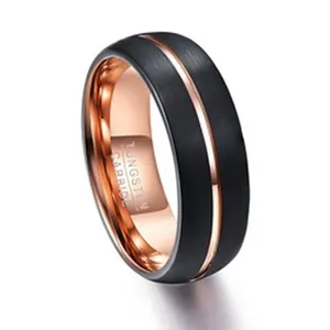 Men's Tungsten Steel Ring 8mm Brushed Black Electroplated Rose Gold Middle Groove Dome Wedding Band Fashion Jewelry Finger Ring