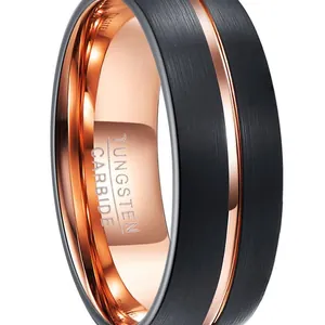 8mm black matte tungsten carbide ring with rose gold interior and center groove